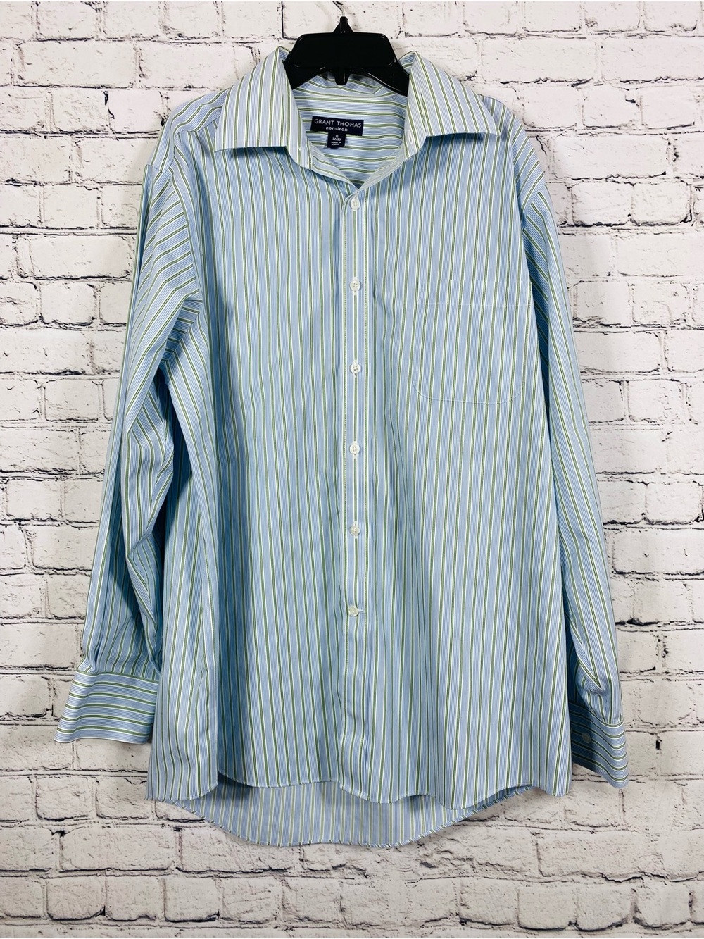 Grant Thomas Non-Iron Dress Shirt Men’s 16 32/33 Blue Green Striped Button Front